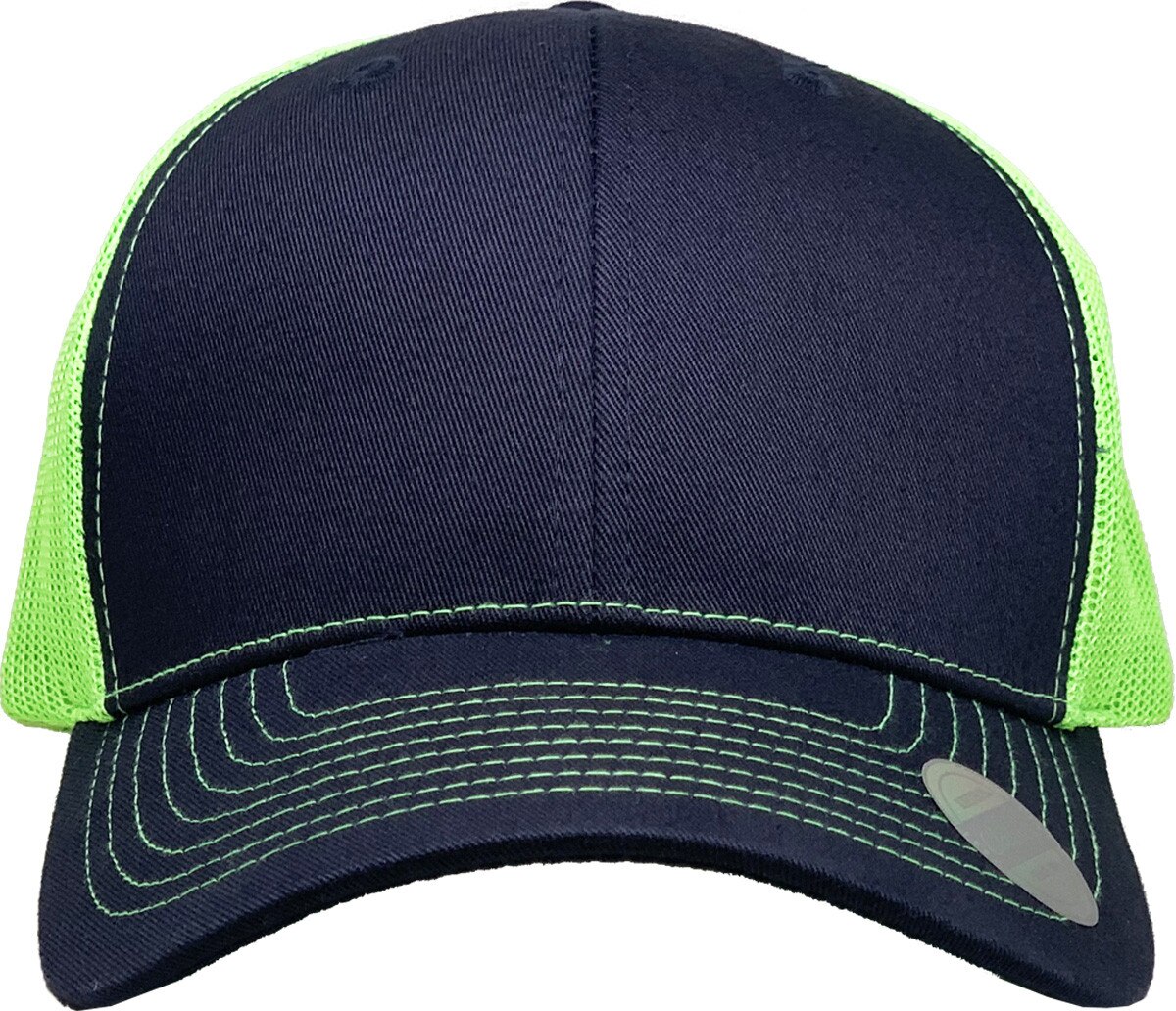 Navy Blue Neon Green Two Tone Classic 6 Panel Trucker Mesh Snapback Front View